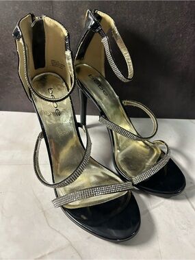 bebe Black Rhinestone Strap Stiletto Sandals